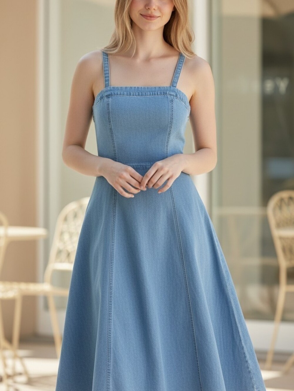 Denim Midi Sundress with Square Neck - Picture 1 of 13